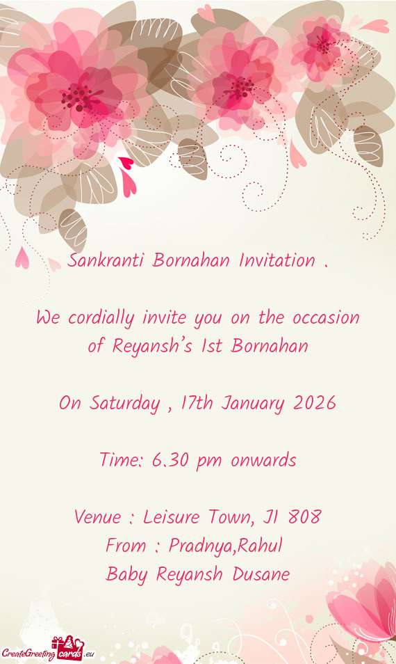 We cordially invite you on the occasion of Reyansh’s 1st Bornahan