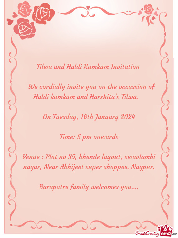 🥳We cordially invite you on the occassion of Haldi kumkum and Harshita’s Tilwa.🥳