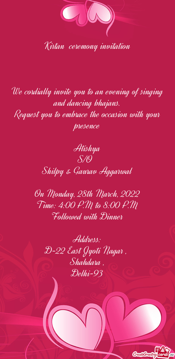 We cordially invite you to an evening of singing and dancing bhajans