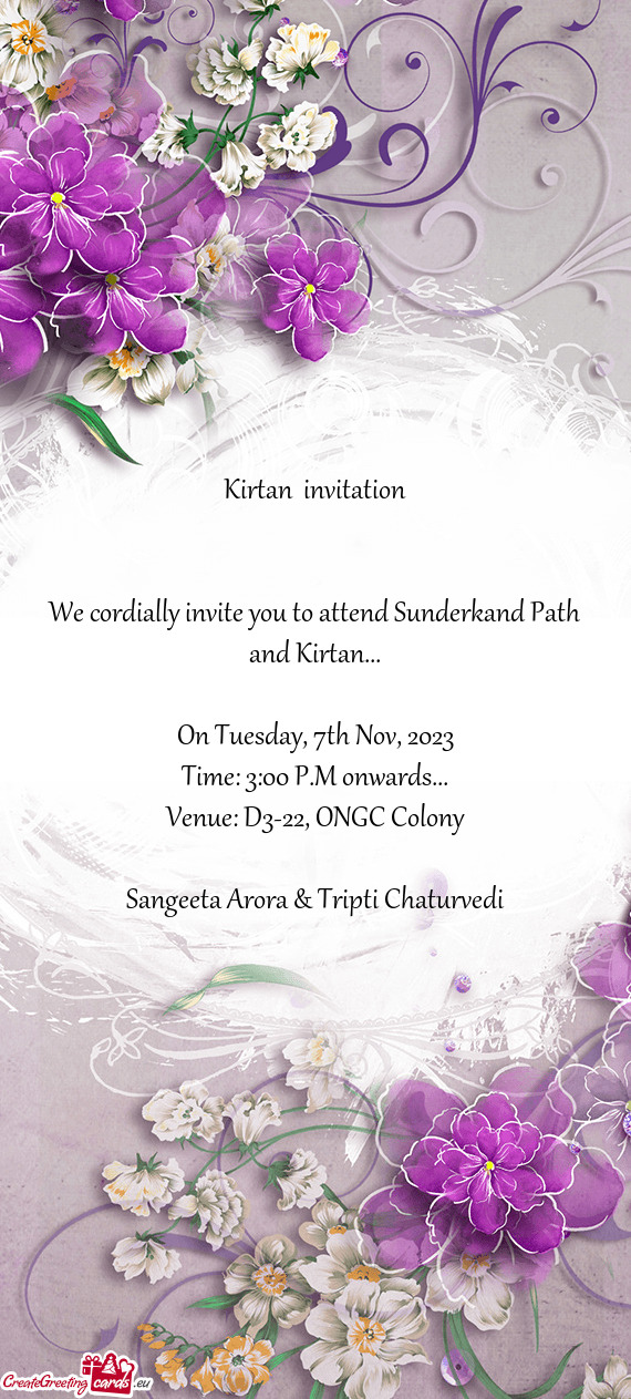 We cordially invite you to attend Sunderkand Path and Kirtan