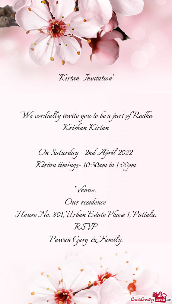 We cordially invite you to be a part of Radha Krishan Kirtan