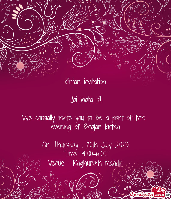 We cordially invite you to be a part of this evening of Bhajan kirtan