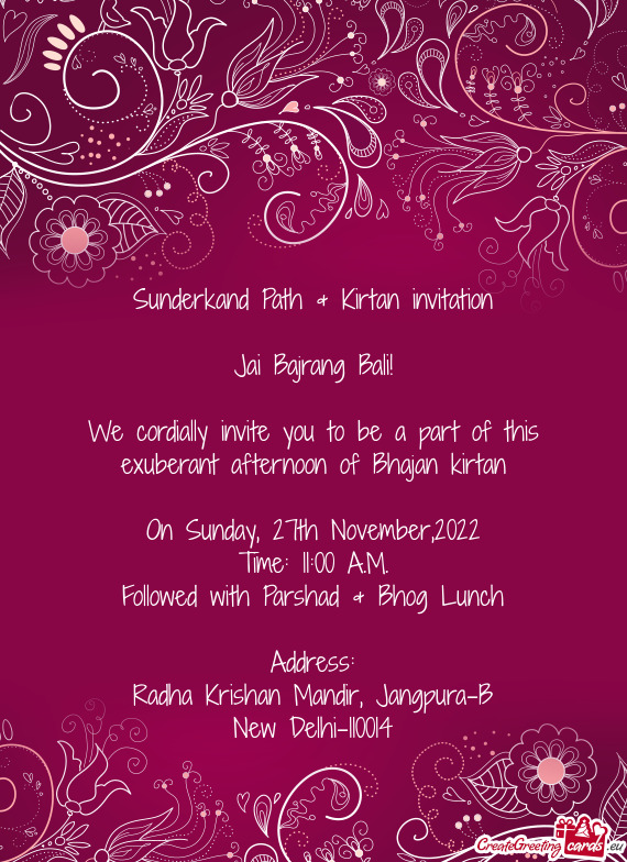 We cordially invite you to be a part of this exuberant afternoon of Bhajan kirtan