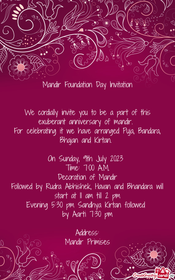 We cordially invite you to be a part of this exuberant anniversary of mandir