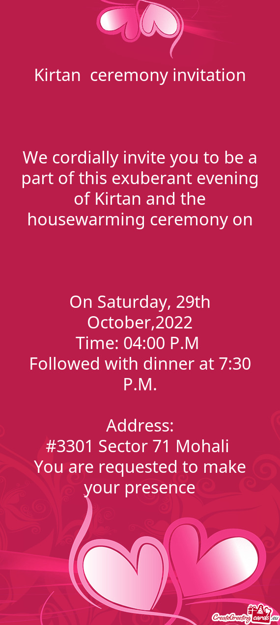 We cordially invite you to be a part of this exuberant evening of Kirtan and the housewarming ceremo