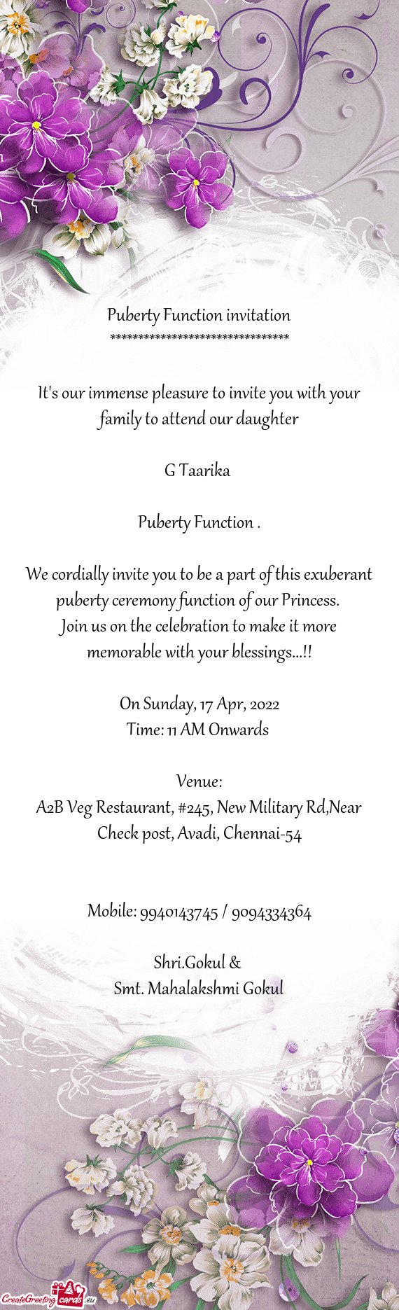 We cordially invite you to be a part of this exuberant puberty ceremony function of our Princess