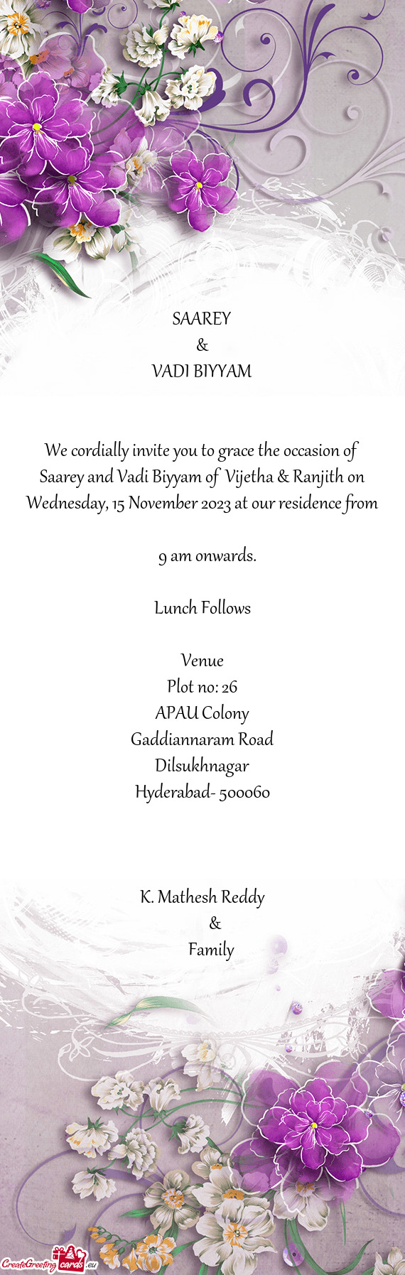 We cordially invite you to grace the occasion of Saarey and Vadi Biyyam of Vijetha & Ranjith on Wed