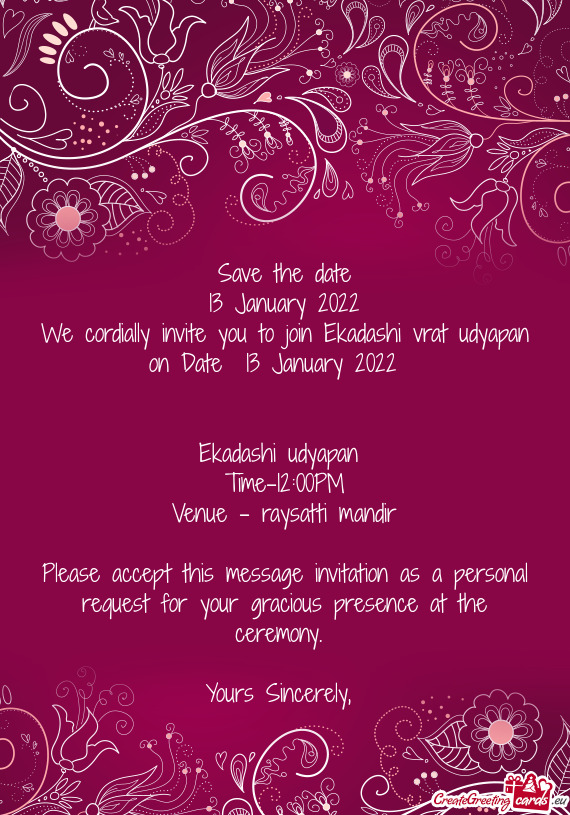 We cordially invite you to join Ekadashi vrat udyapan on Date 13 January 2022