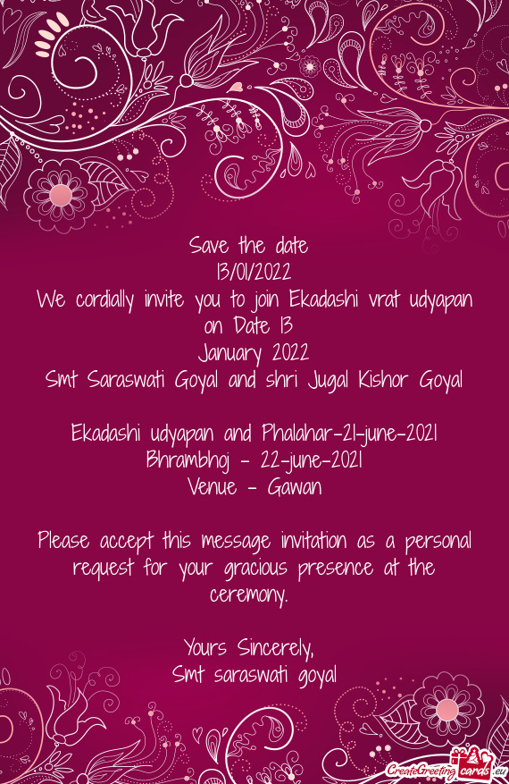 We cordially invite you to join Ekadashi vrat udyapan on Date 13