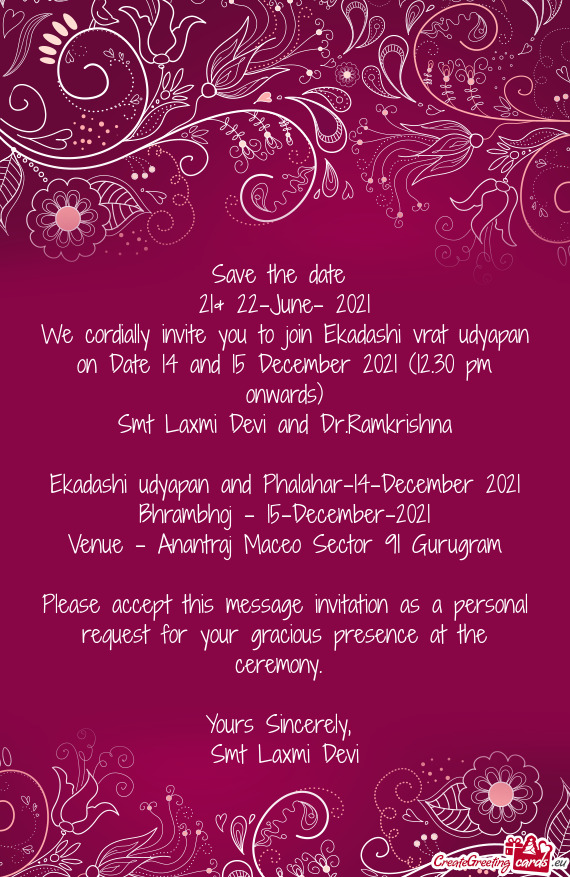 We cordially invite you to join Ekadashi vrat udyapan on Date 14 and 15 December 2021 (12.30 pm onwa
