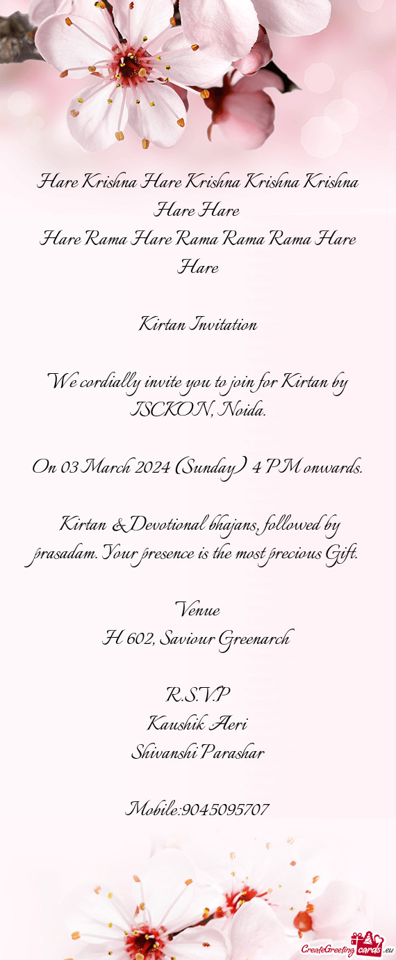 We cordially invite you to join for Kirtan by ISCKON, Noida