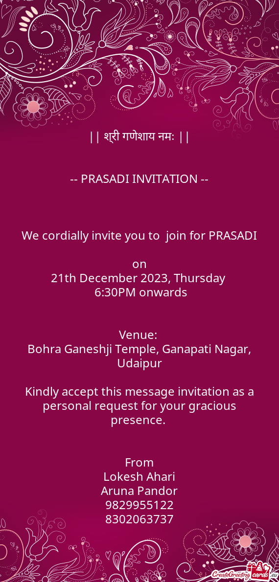 We cordially invite you to join for PRASADI