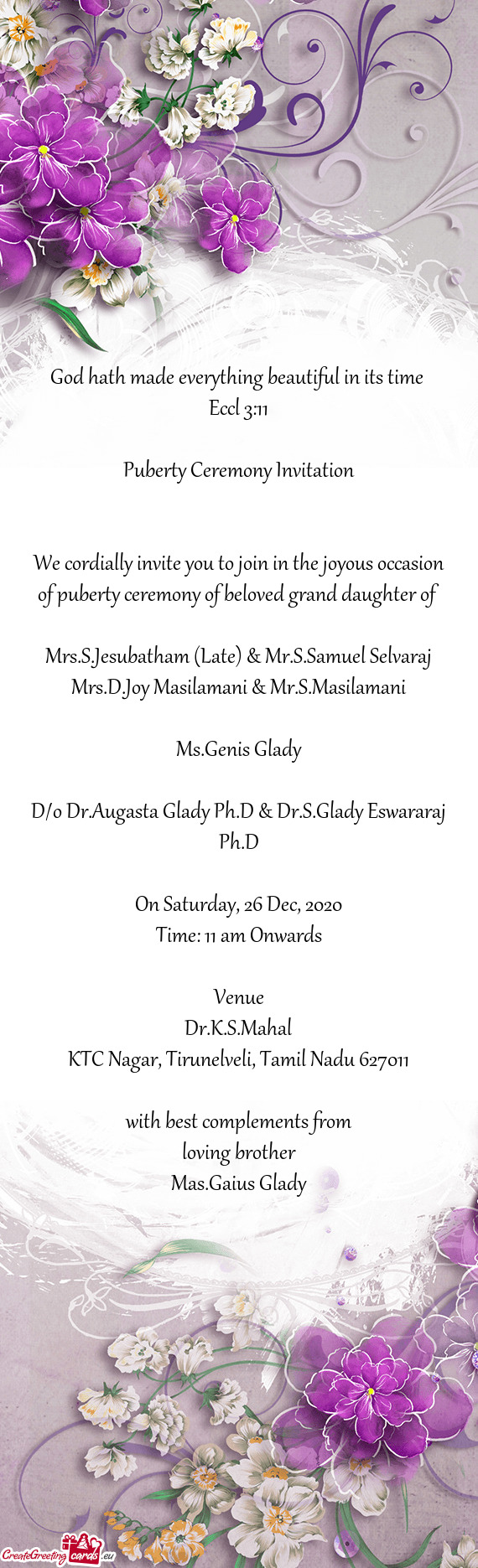 We cordially invite you to join in the joyous occasion of puberty ceremony of beloved grand daughter