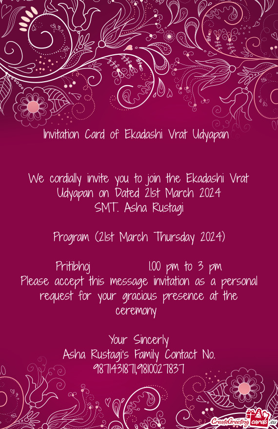 We cordially invite you to join the Ekadashi Vrat Udyapan on Dated 21st March 2024