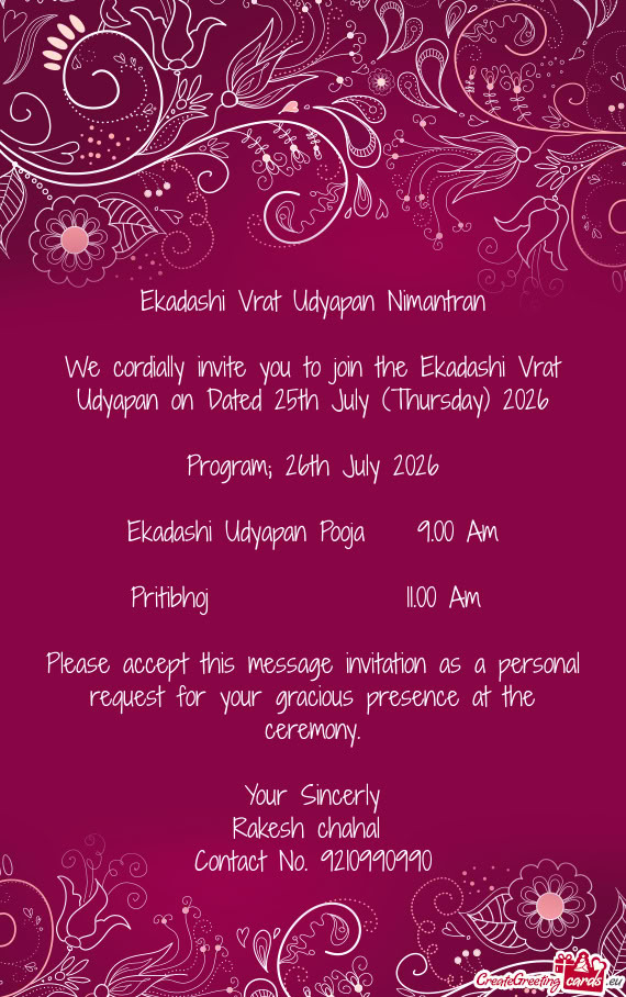 We cordially invite you to join the Ekadashi Vrat Udyapan on Dated 25th July (Thursday) 2026