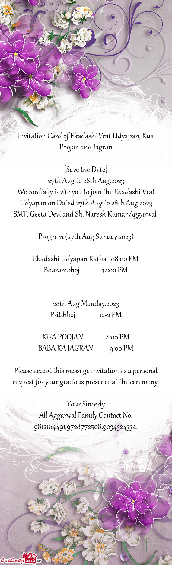 We cordially invite you to join the Ekadashi Vrat Udyapan on Dated 27th Aug to 28th Aug.2023