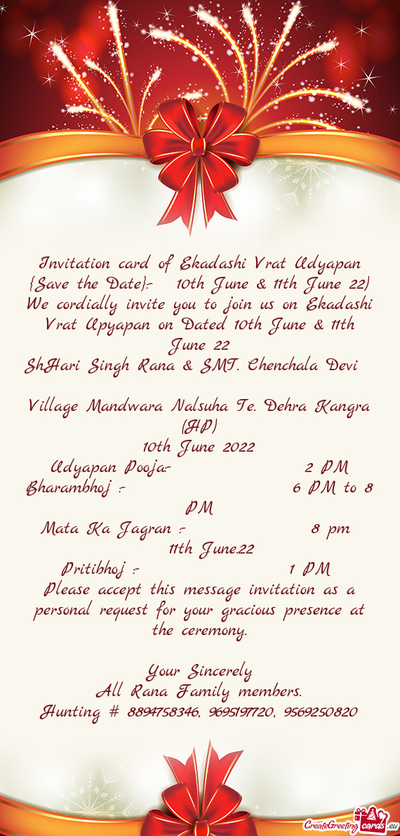 We cordially invite you to join us on Ekadashi Vrat Upyapan on Dated 10th June & 11th June 22