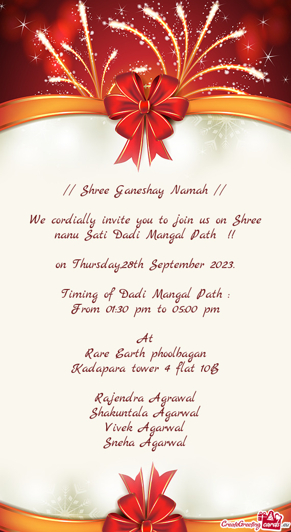 We cordially invite you to join us on Shree nanu Sati Dadi Mangal Path
