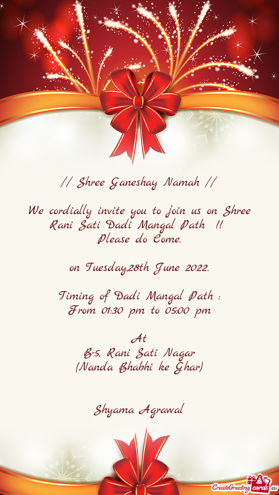 We cordially invite you to join us on Shree Rani Sati Dadi Mangal Path
