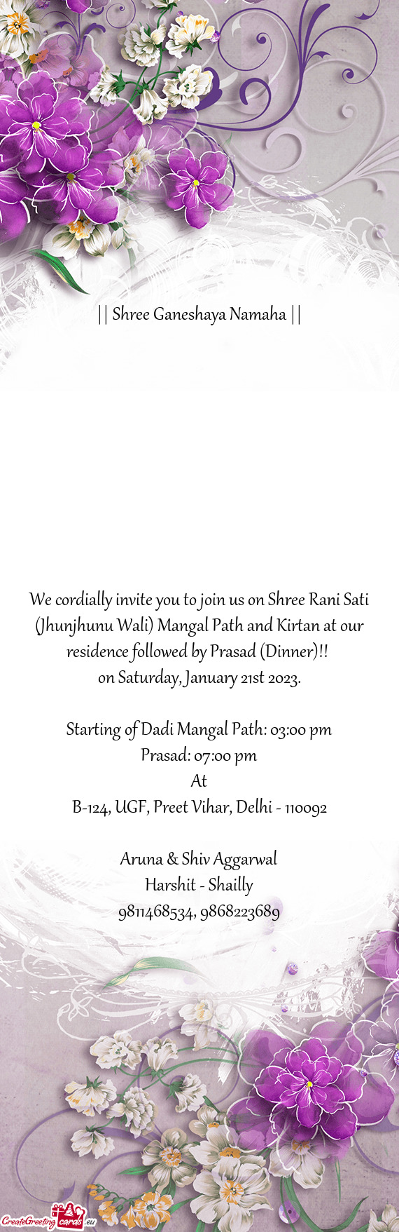 We cordially invite you to join us on Shree Rani Sati (Jhunjhunu Wali) Mangal Path and Kirtan at our