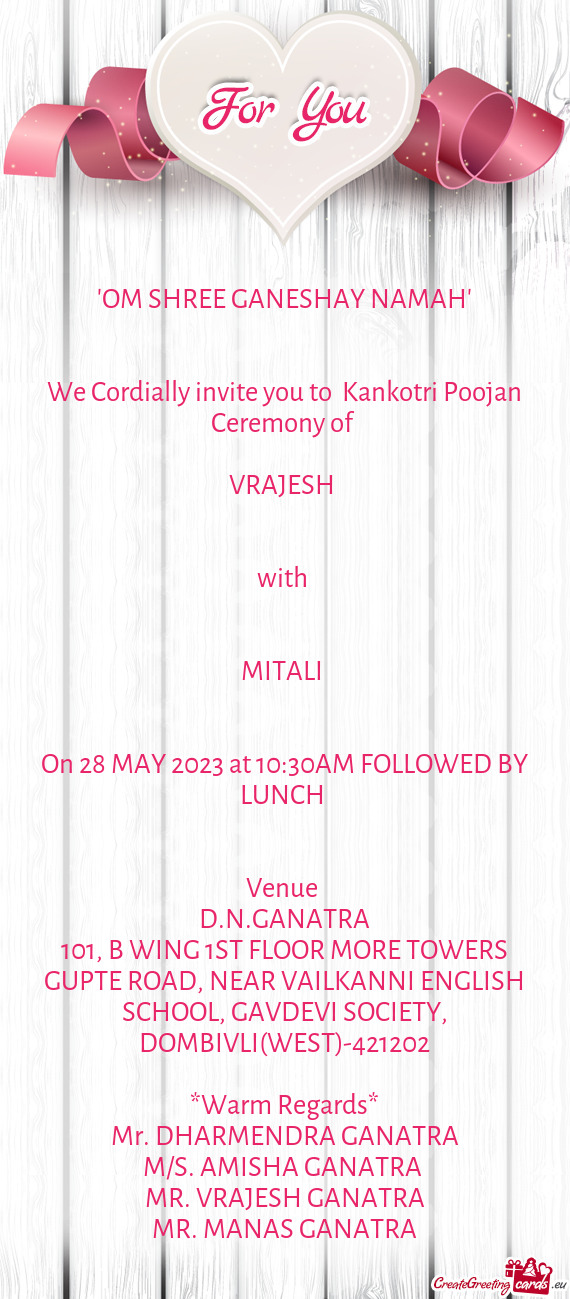 We Cordially invite you to Kankotri Poojan Ceremony of