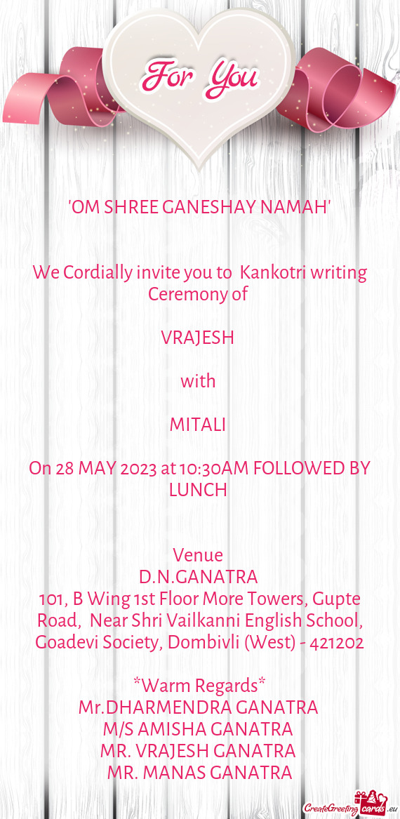 We Cordially invite you to Kankotri writing Ceremony of