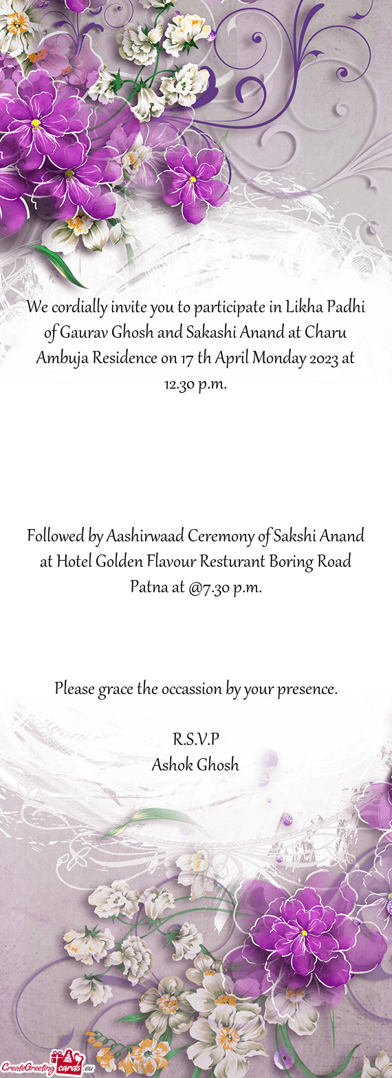 We cordially invite you to participate in Likha Padhi of Gaurav Ghosh and Sakashi Anand at Charu Amb