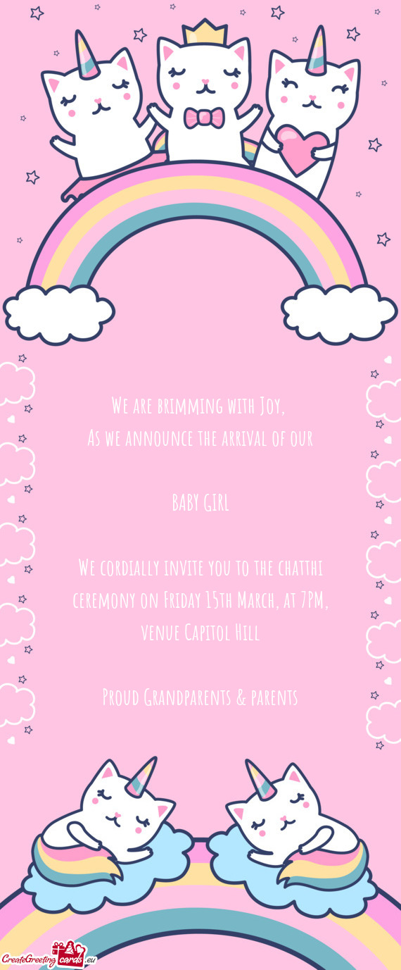 We cordially invite you to the chatthi ceremony on Friday 15th March, at 7PM, venue Capitol Hill