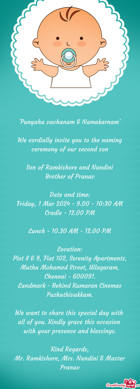 We cordially invite you to the naming ceremony of our second son