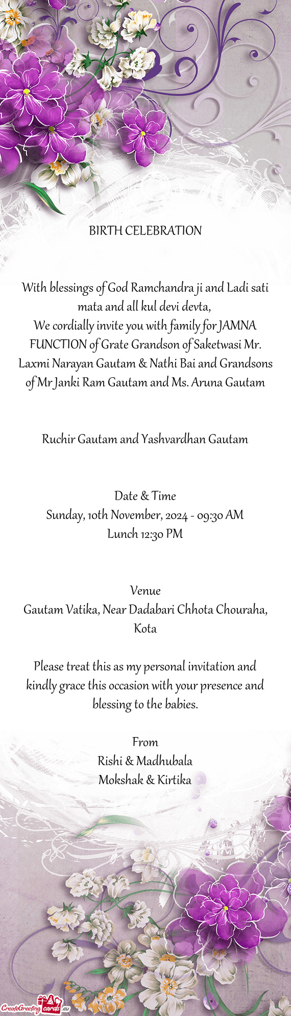 We cordially invite you with family for JAMNA FUNCTION of Grate Grandson of Saketwasi Mr. Laxmi Nara