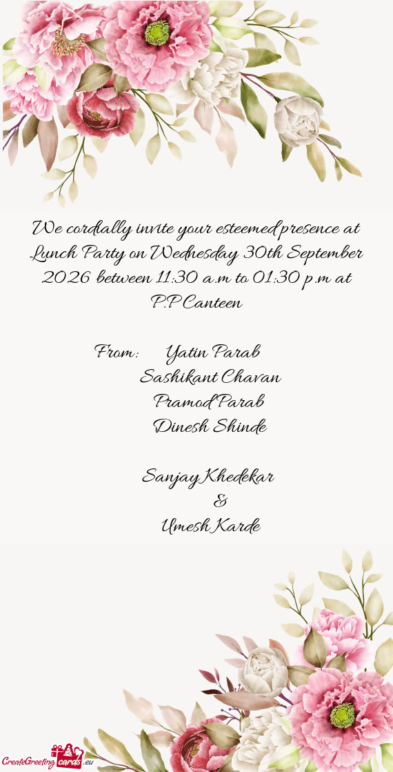 We cordially invite your esteemed presence at Lunch Party on Wednesday 30th September 2026 between 1