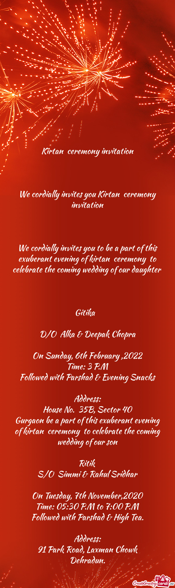 We cordially invites you Kirtan ceremony invitation