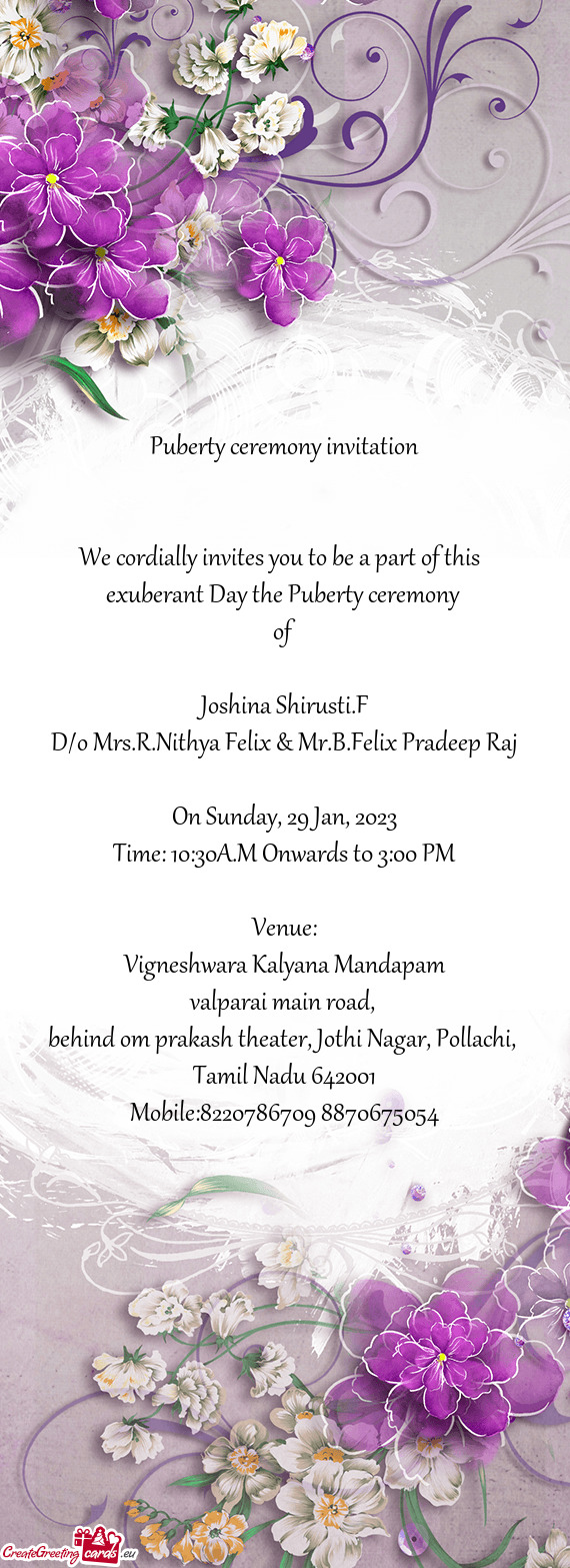 We cordially invites you to be a part of this exuberant Day the Puberty ceremony