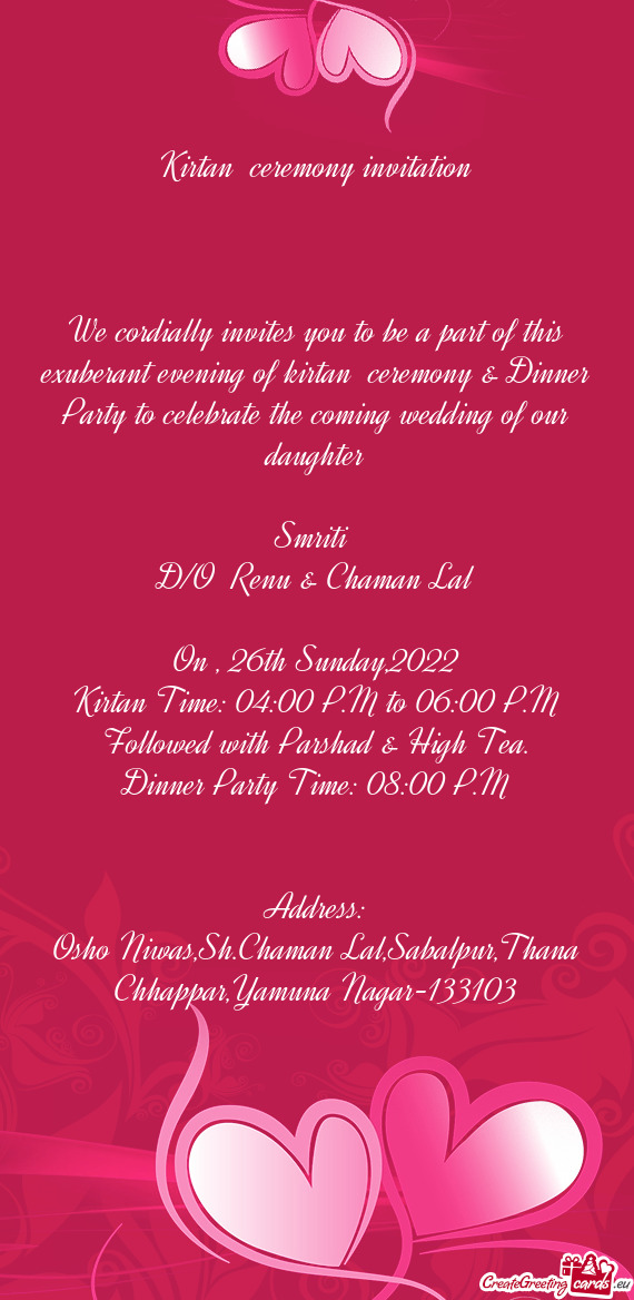 We cordially invites you to be a part of this exuberant evening of kirtan ceremony & Dinner Party t
