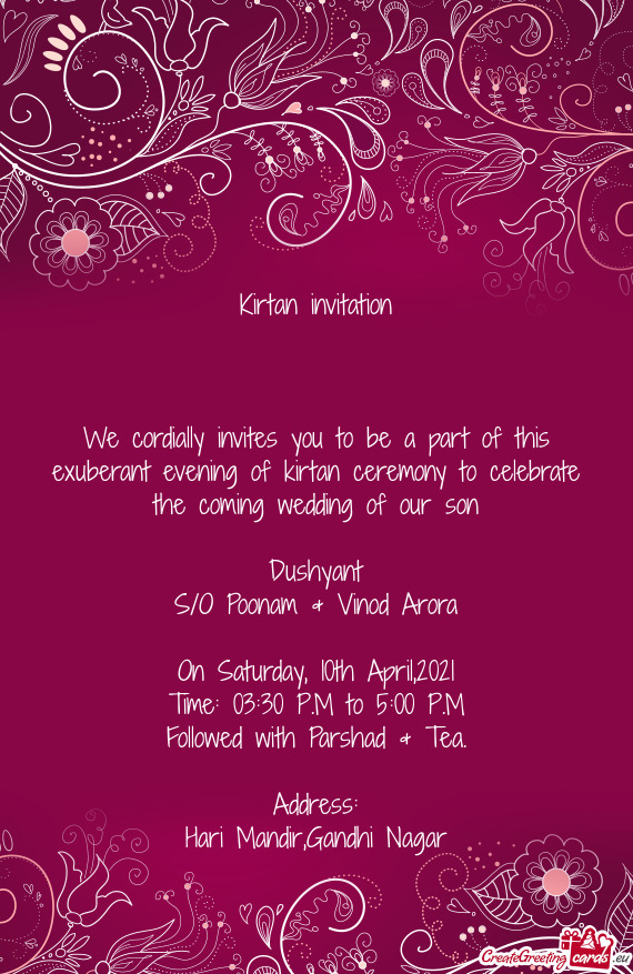 We cordially invites you to be a part of this exuberant evening of kirtan ceremony to celebrate the