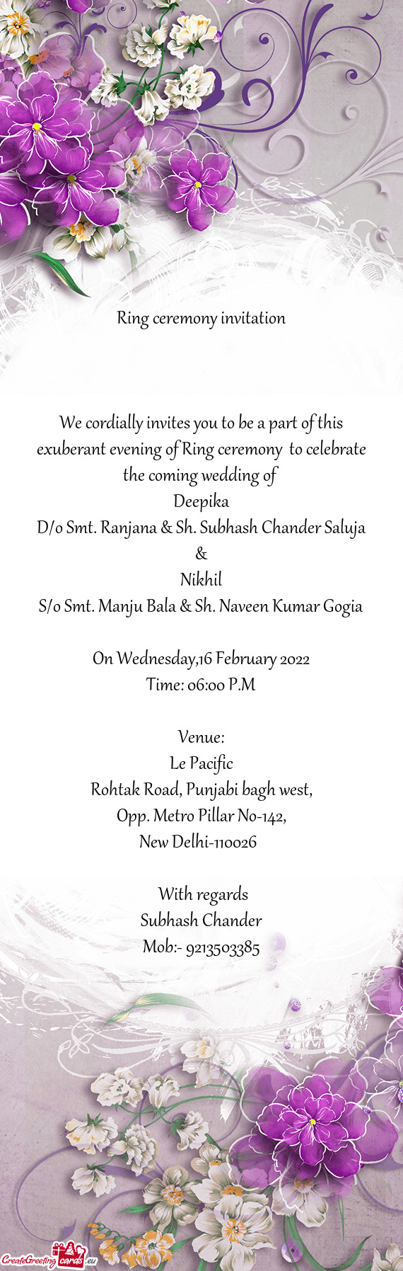We cordially invites you to be a part of this exuberant evening of Ring ceremony to celebrate the c