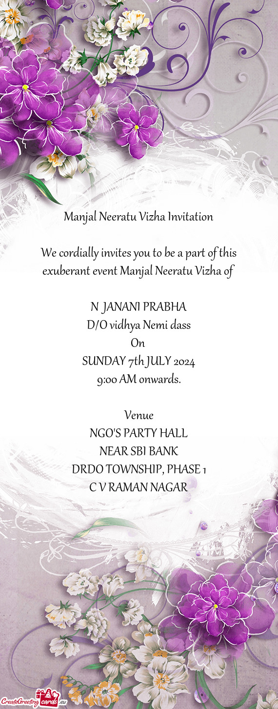 We cordially invites you to be a part of this exuberant event Manjal Neeratu Vizha of