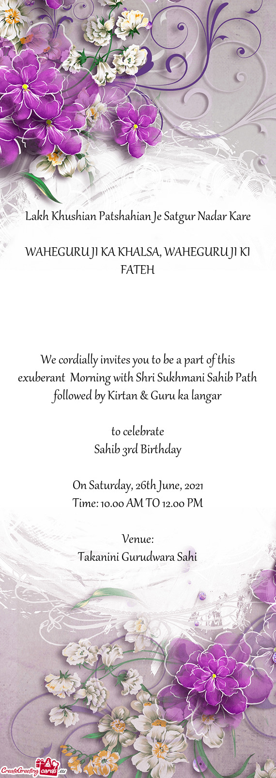 We cordially invites you to be a part of this exuberant Morning with Shri Sukhmani Sahib Path follo