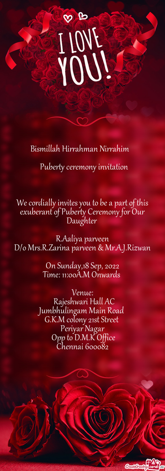 We cordially invites you to be a part of this exuberant of Puberty Ceremony for Our Daughter