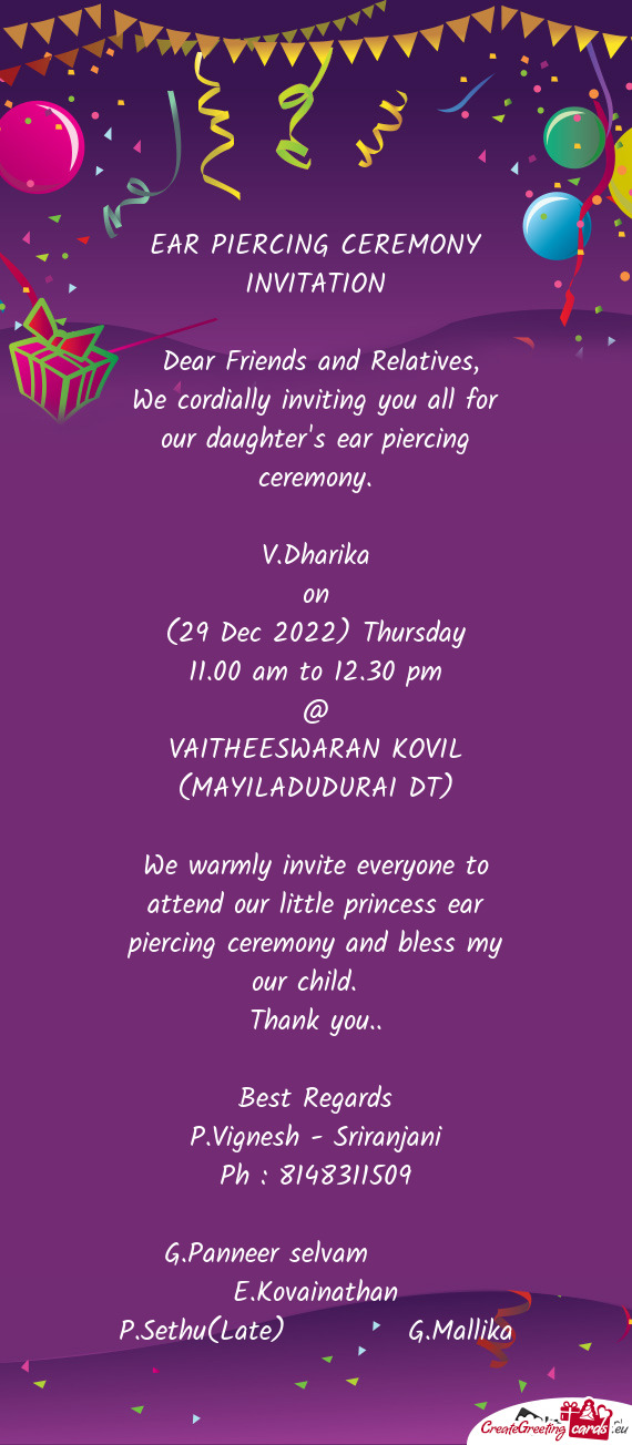 We cordially inviting you all for our daughter