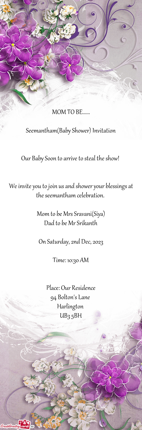 We invite you to join us and shower your blessings at the seemantham celebration