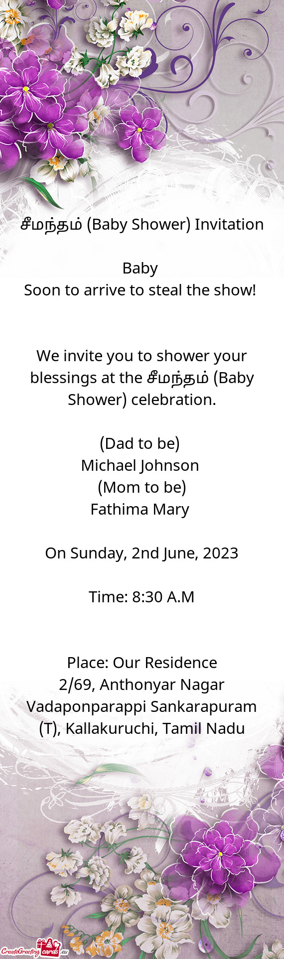 We invite you to shower your blessings at the சீமந்தம் (Baby Shower) celebration