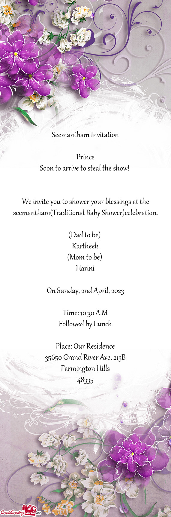 We invite you to shower your blessings at the seemantham(Traditional Baby Shower)celebration