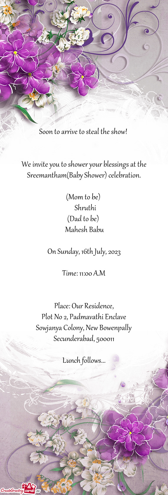 We invite you to shower your blessings at the Sreemantham(Baby Shower) celebration