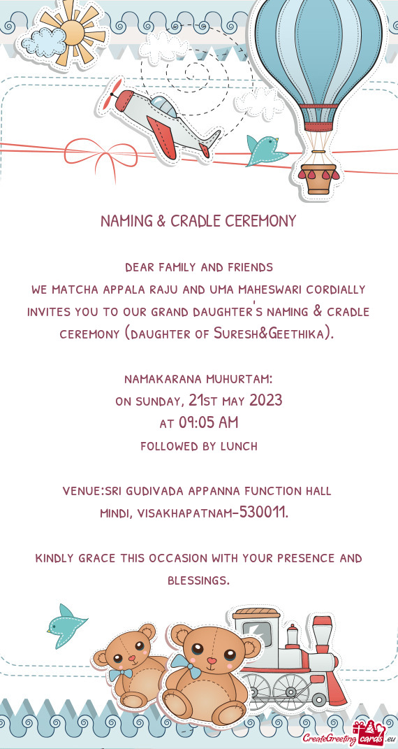 We matcha appala raju and uma maheswari cordially invites you to our grand daughter