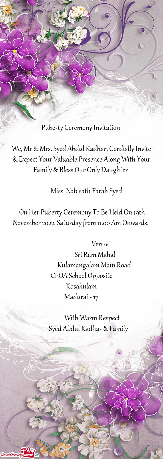 We, Mr & Mrs. Syed Abdul Kadhar, Cordially Invite & Expect Your Valuable Presence Along With Your Fa