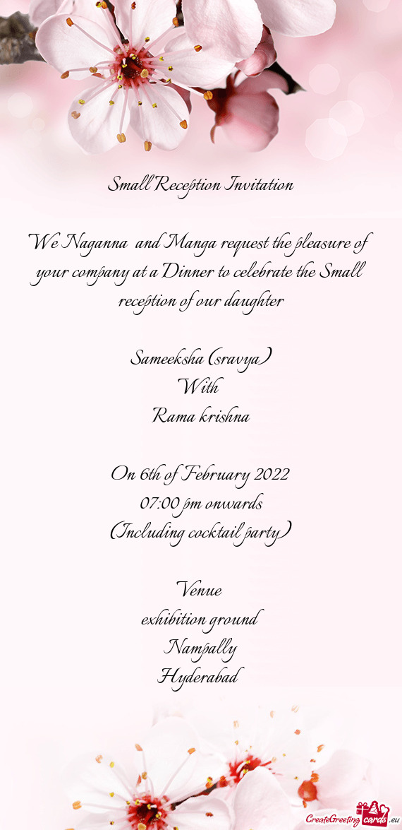 We Naganna and Manga request the pleasure of your company at a Dinner to celebrate the Small recept