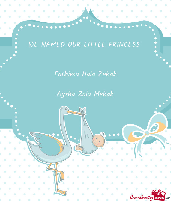 WE NAMED OUR LITTLE PRINCESS 
 
 
 Fathima Hala Zehak
 
 Aysha Zala Mehak