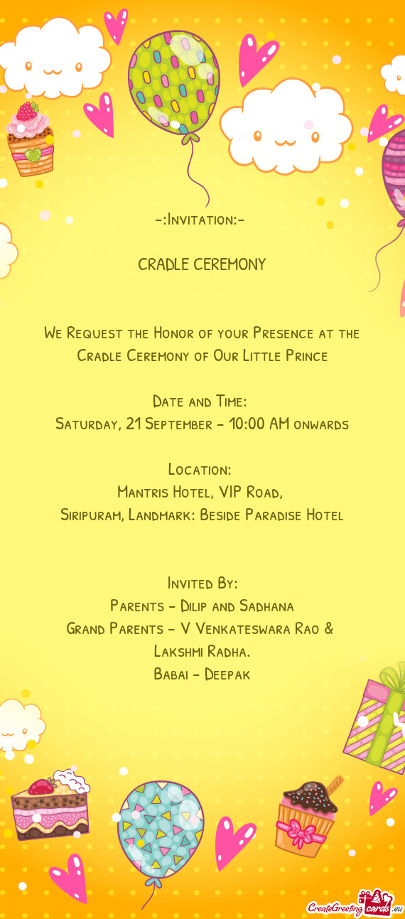 We Request the Honor of your Presence at the Cradle Ceremony of Our Little Prince