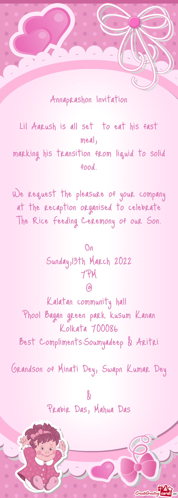 We request the pleasure of your company at the recaption organised to celebrate The Rice Feeding Cer